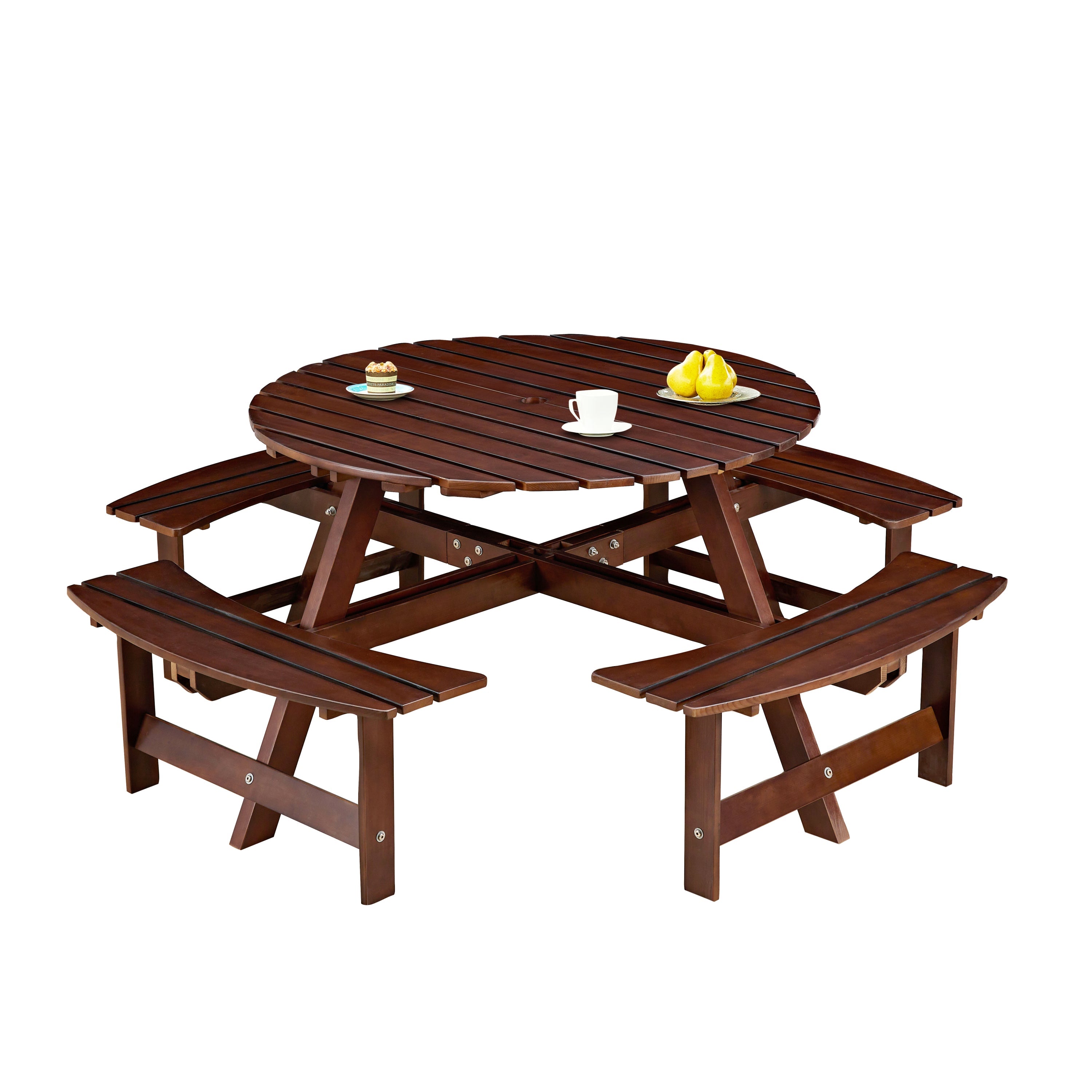 Outdoor 8- Person Round Picnic Table with Built-In Benches