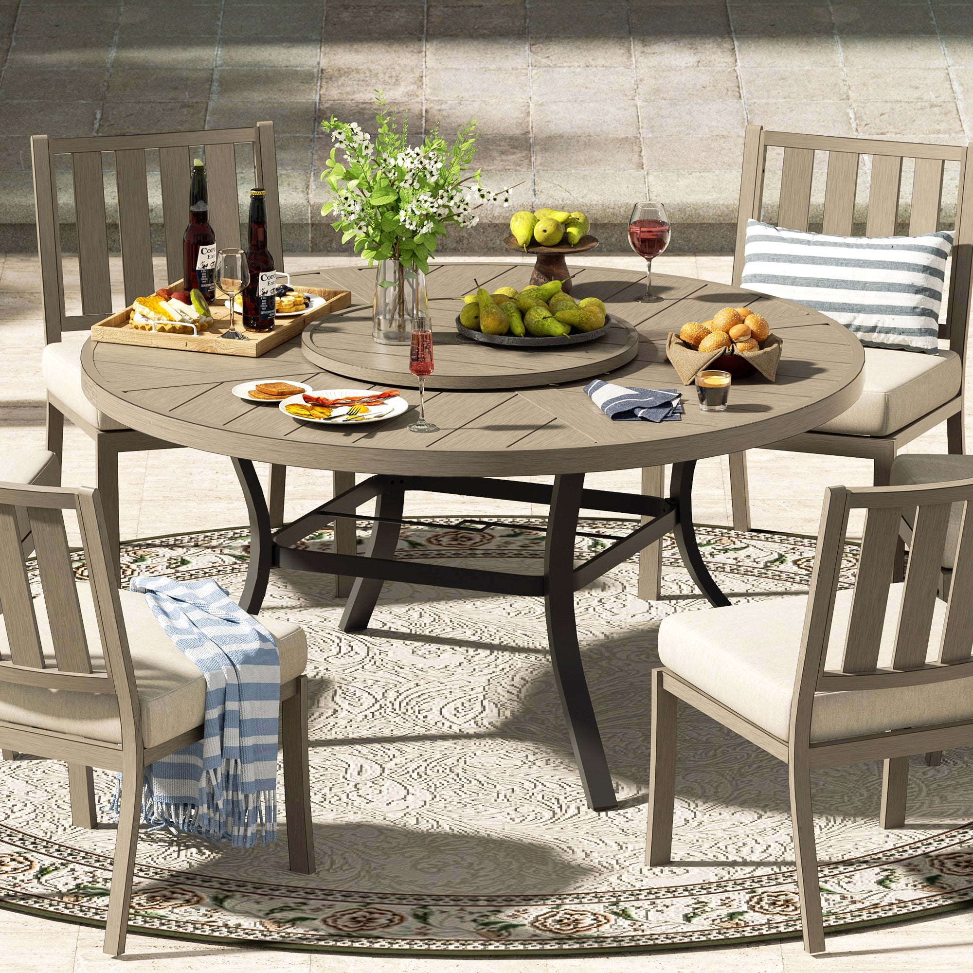 Round Dining Table Sets With Armless Chair And Sunbrella® Cushions