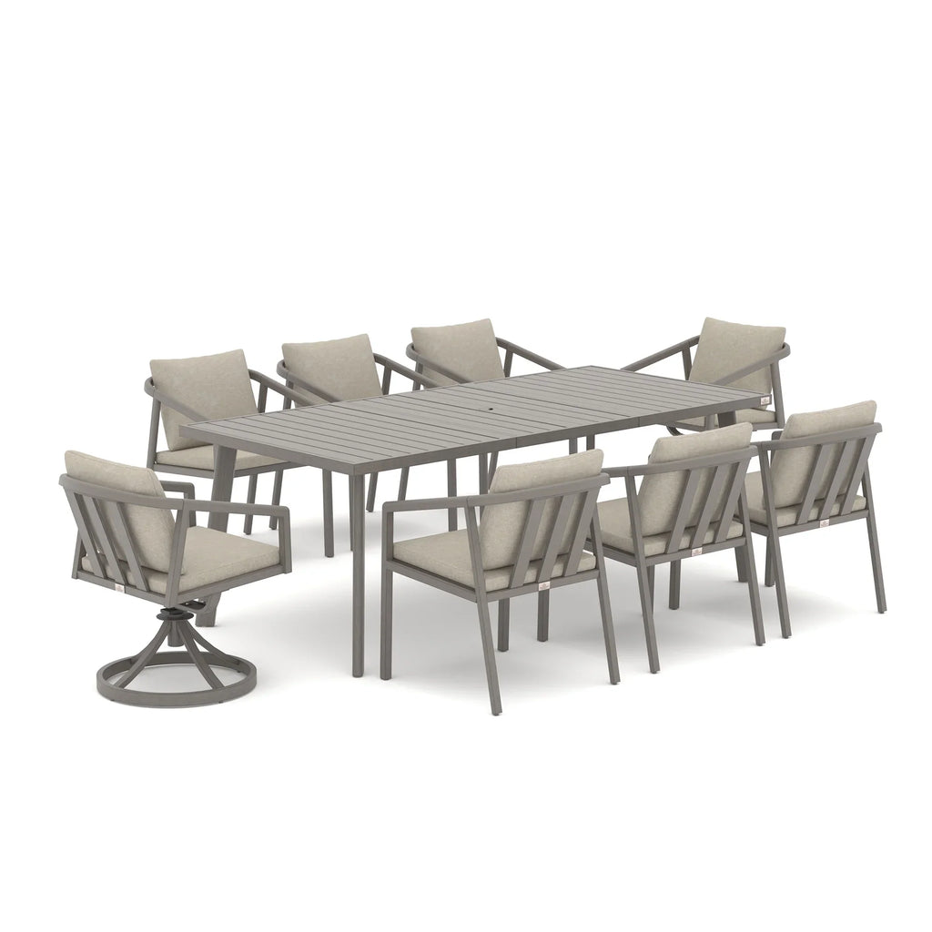 Amalfi Rectangular Aluminum Table with 6 Fixed Chairs and 2 Swivel Chairs