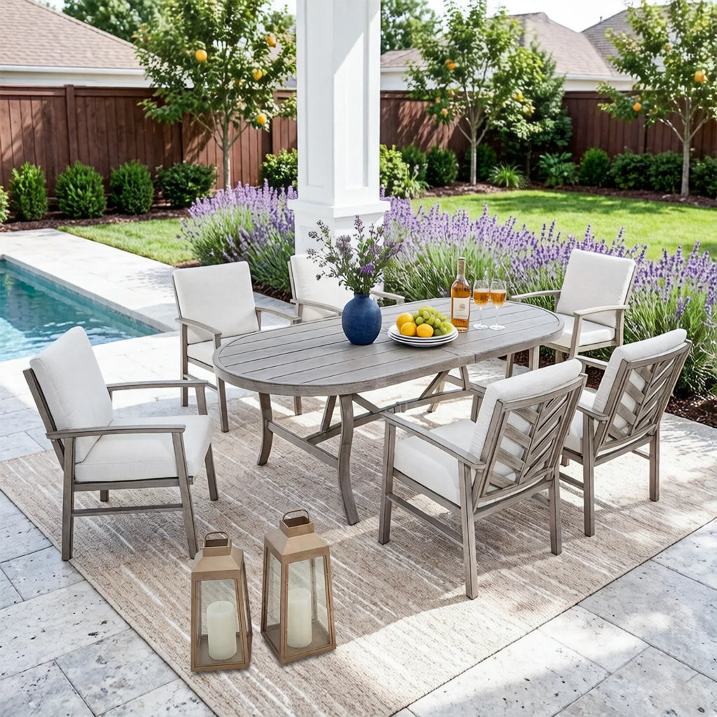 7-Piece Aluminum Outdoor Oval Dining Set with Sunbrella® Cushions