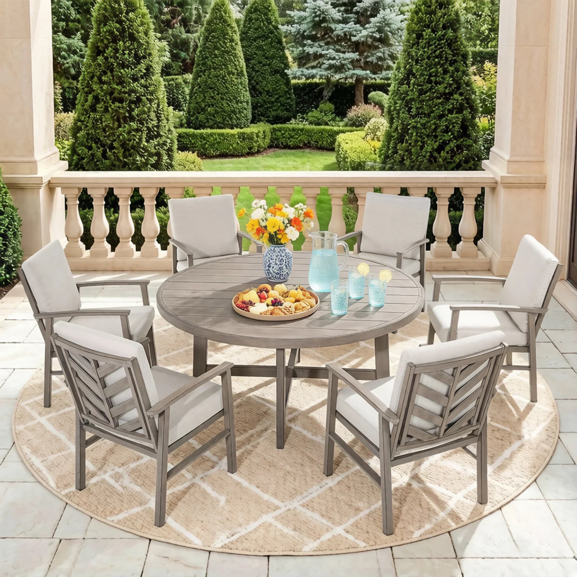 6-Person Aluminum Patio Round Dining Set With Sunbrella® Cushions