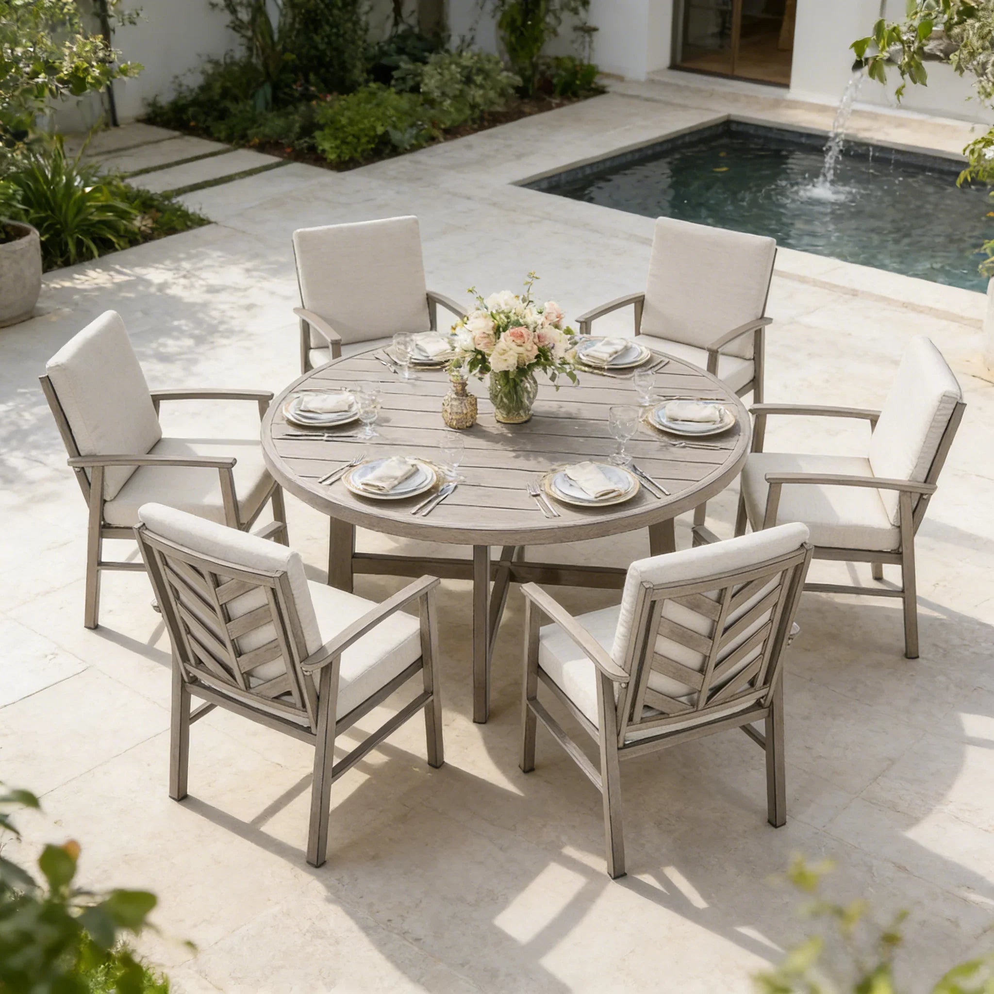 6-Person Aluminum Patio Round Dining Set With Sunbrella® Cushions