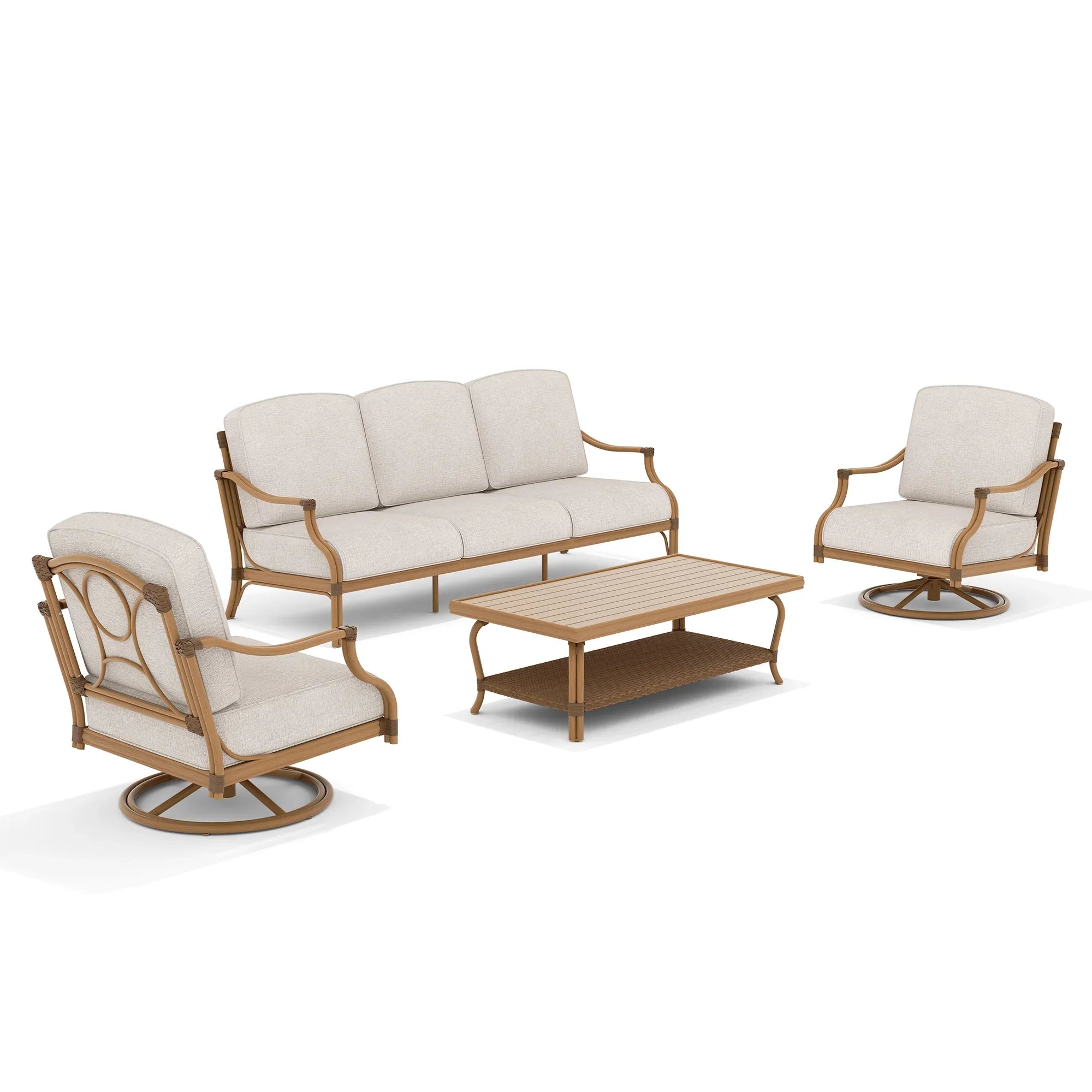 Patio Sofa and 2 Swivel Chairs with Coffee Table