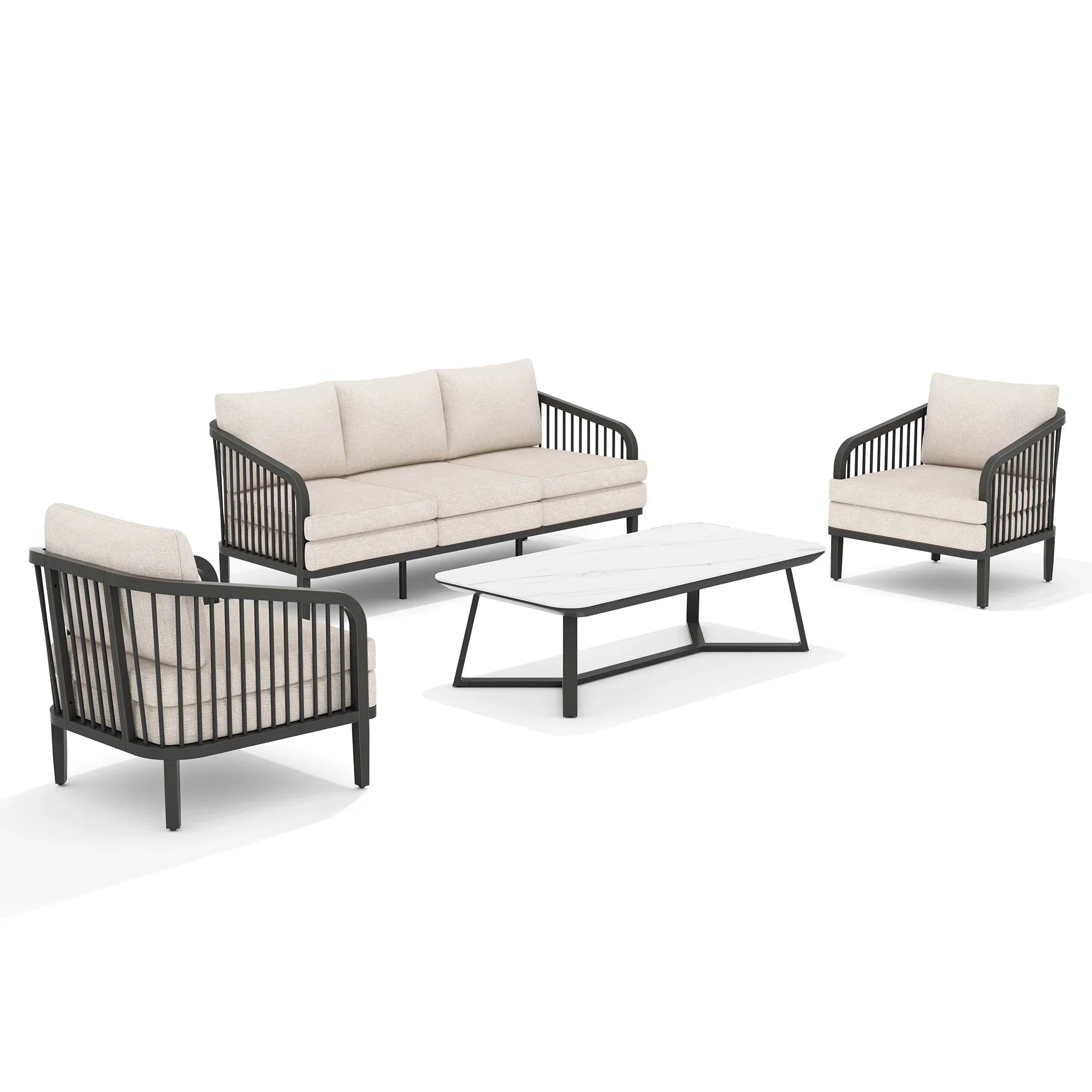 4-Piece Aluminum Patio Deep Sofa Set With Sintered Stone Tables
