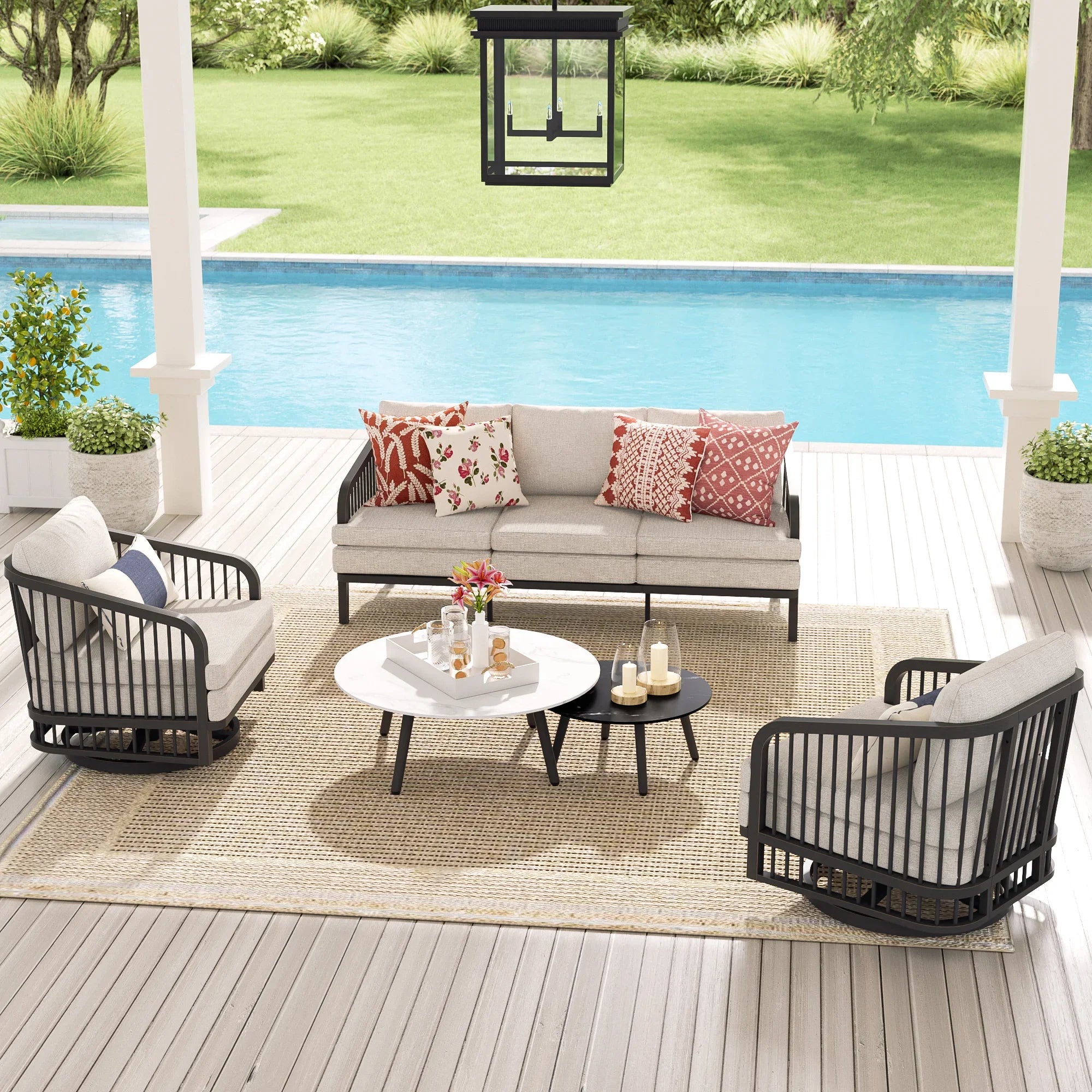 5-Piece Aluminum Patio Seating Set With Nesting Sintered Stone Tables