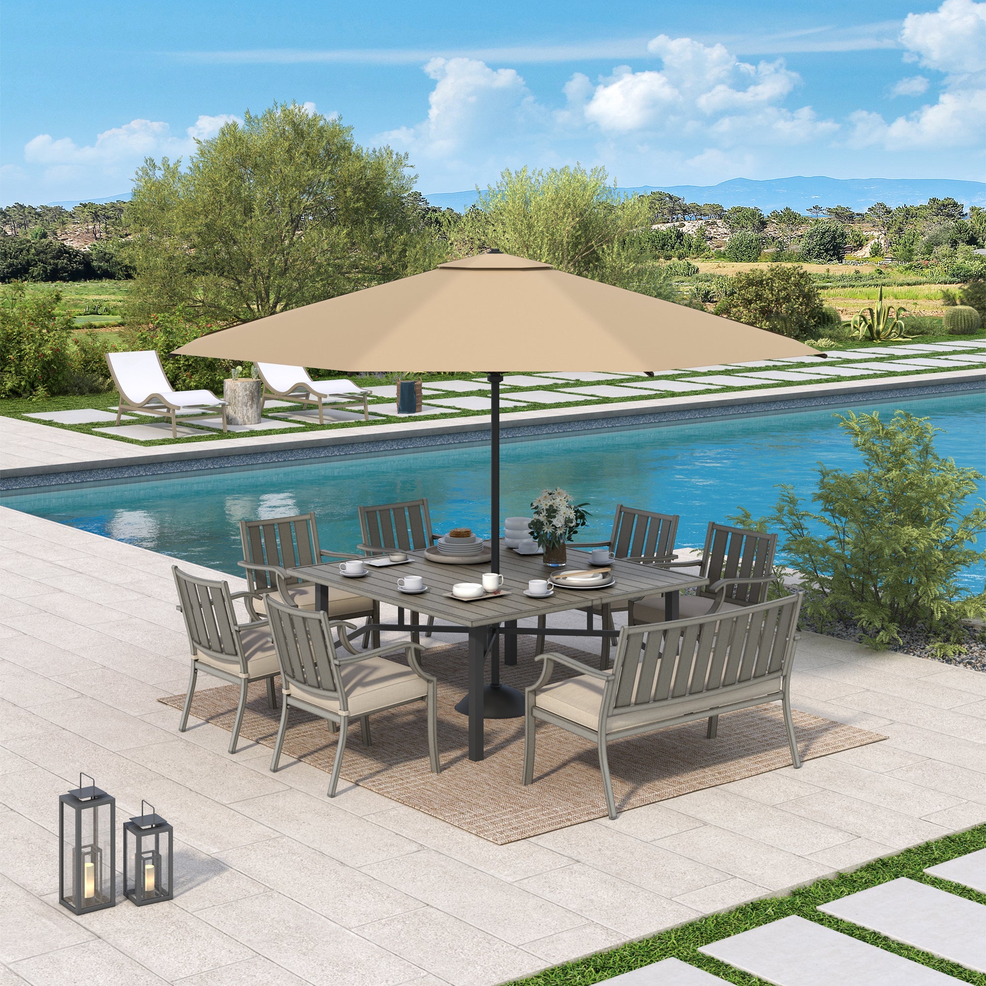 8-Person Patio Square Dining Table Set With Sunbrella® Cushions
