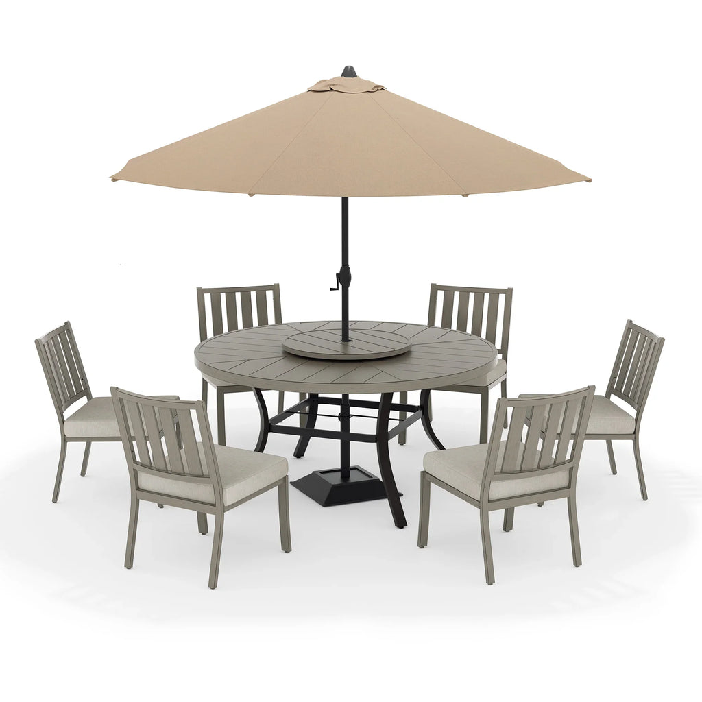 8PCS Round Dining Set With Lazy Susan and Sunbrella Umbrella And Cushion