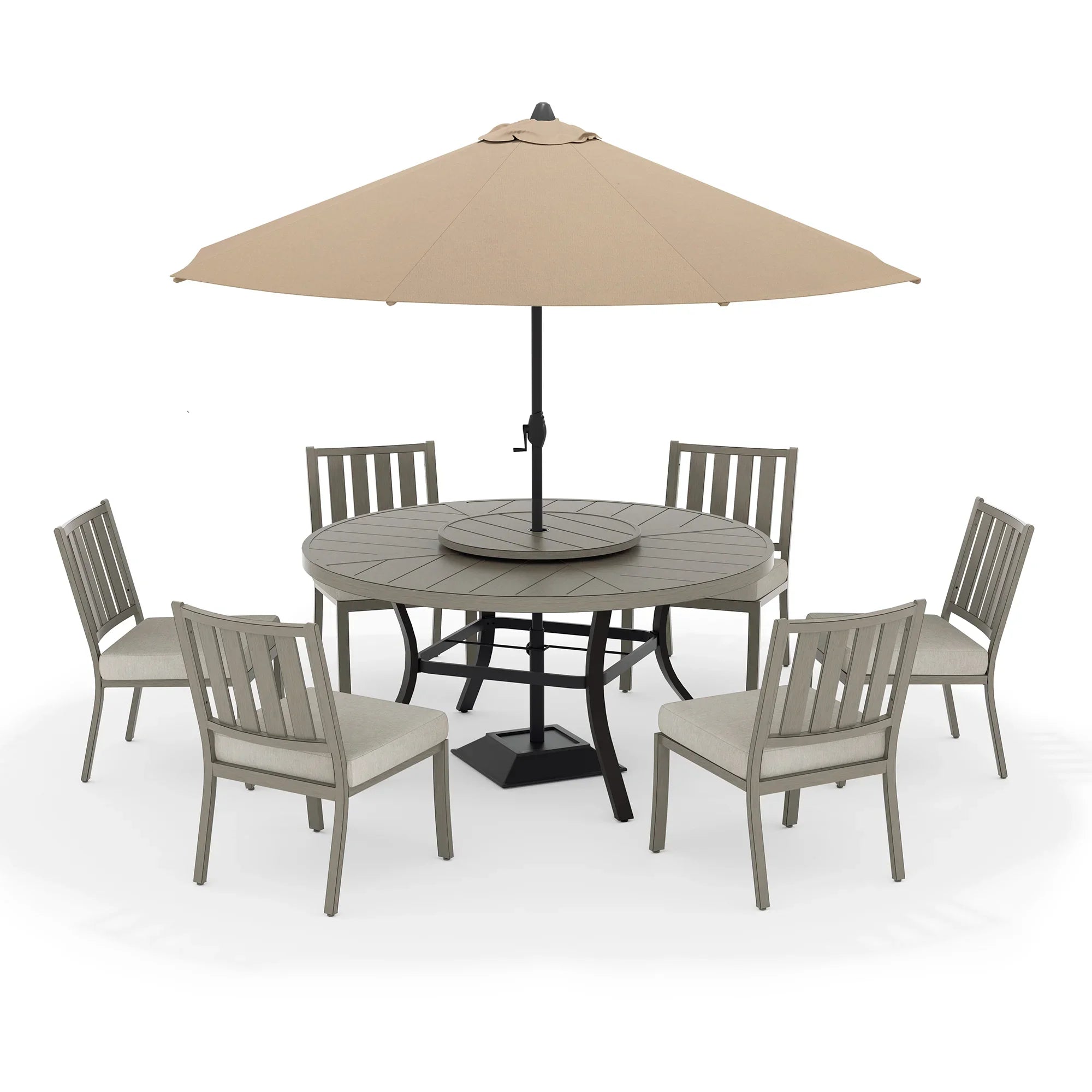 8PCS Round Dining Set With Lazy Susan and Sunbrella Umbrella And Cushion