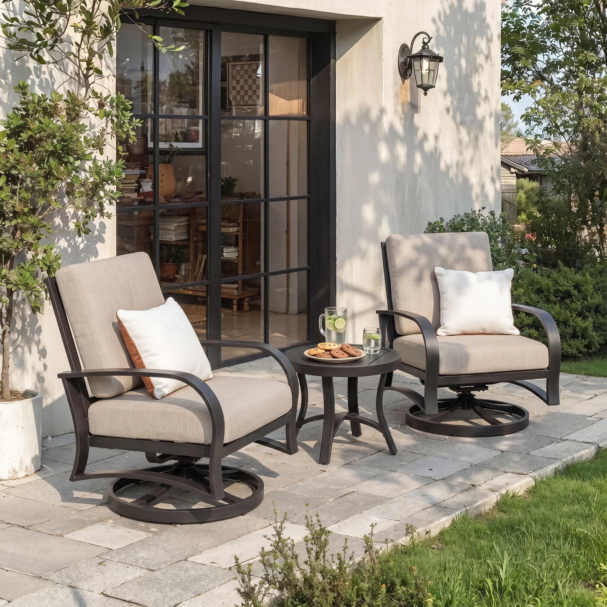 3- Pieces Outdoor Bistro Sets with Swivel Chair and Sunbrella® Cushions