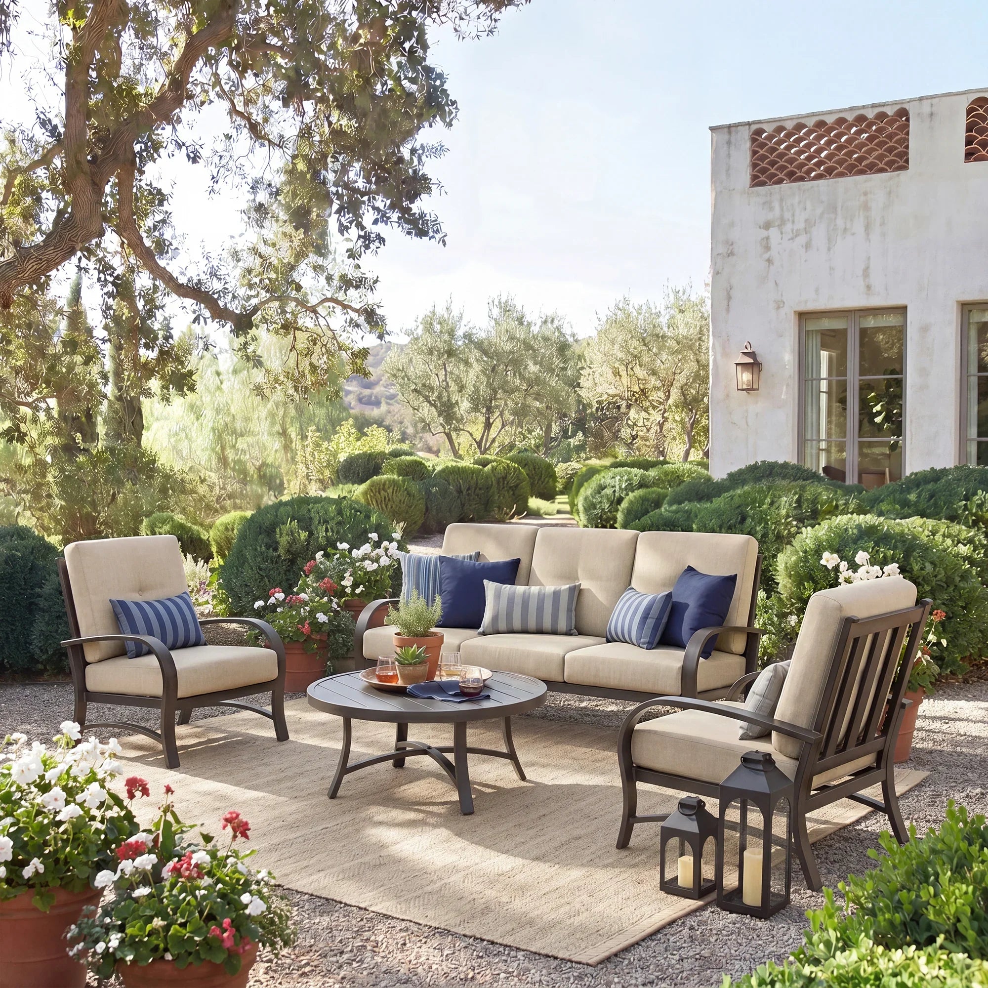 Aluminum Outdoor Sofa and 2 Chairs with Round Coffee Table