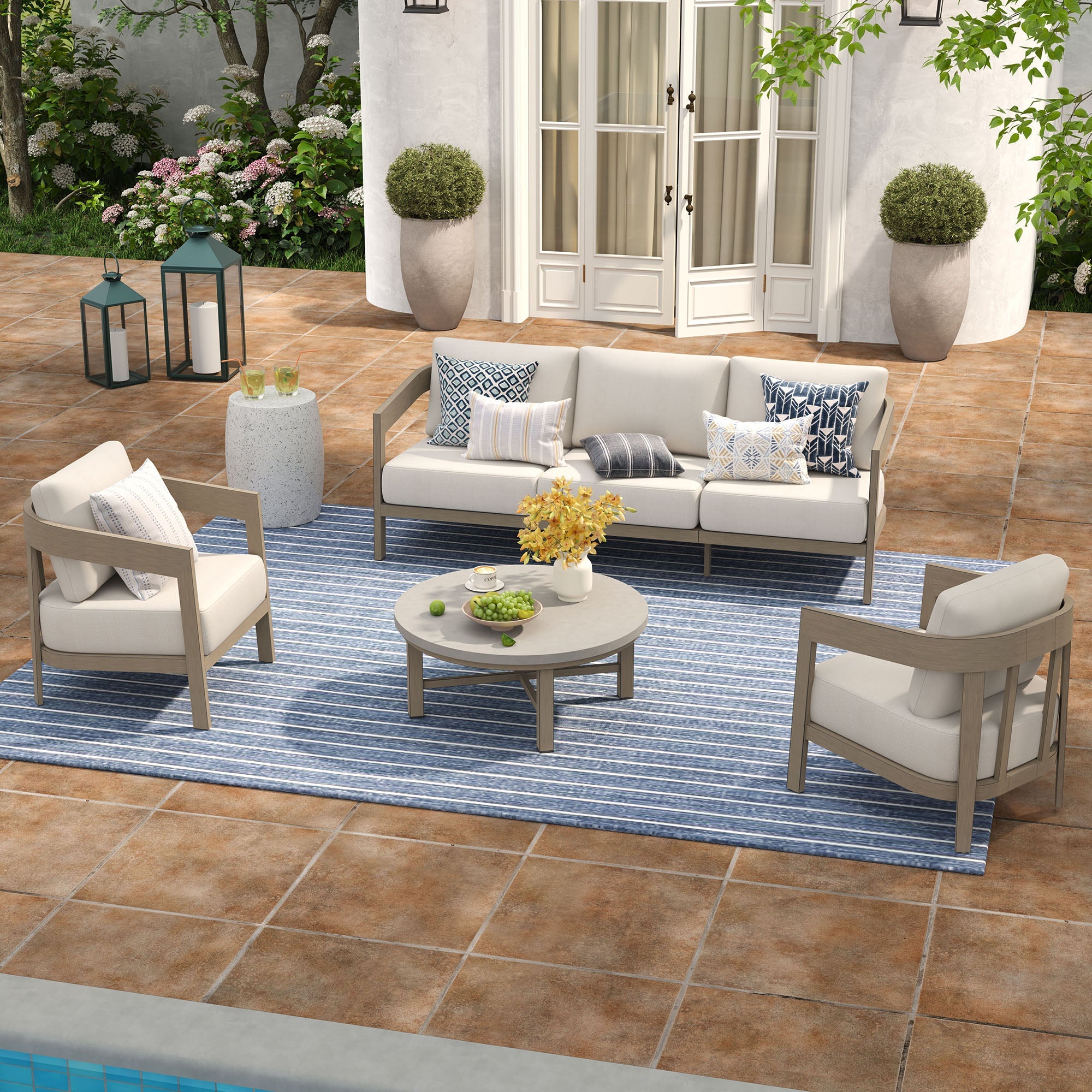 4-Piece Patio Conversation Set with Composite Concrete Round Coffee Tables