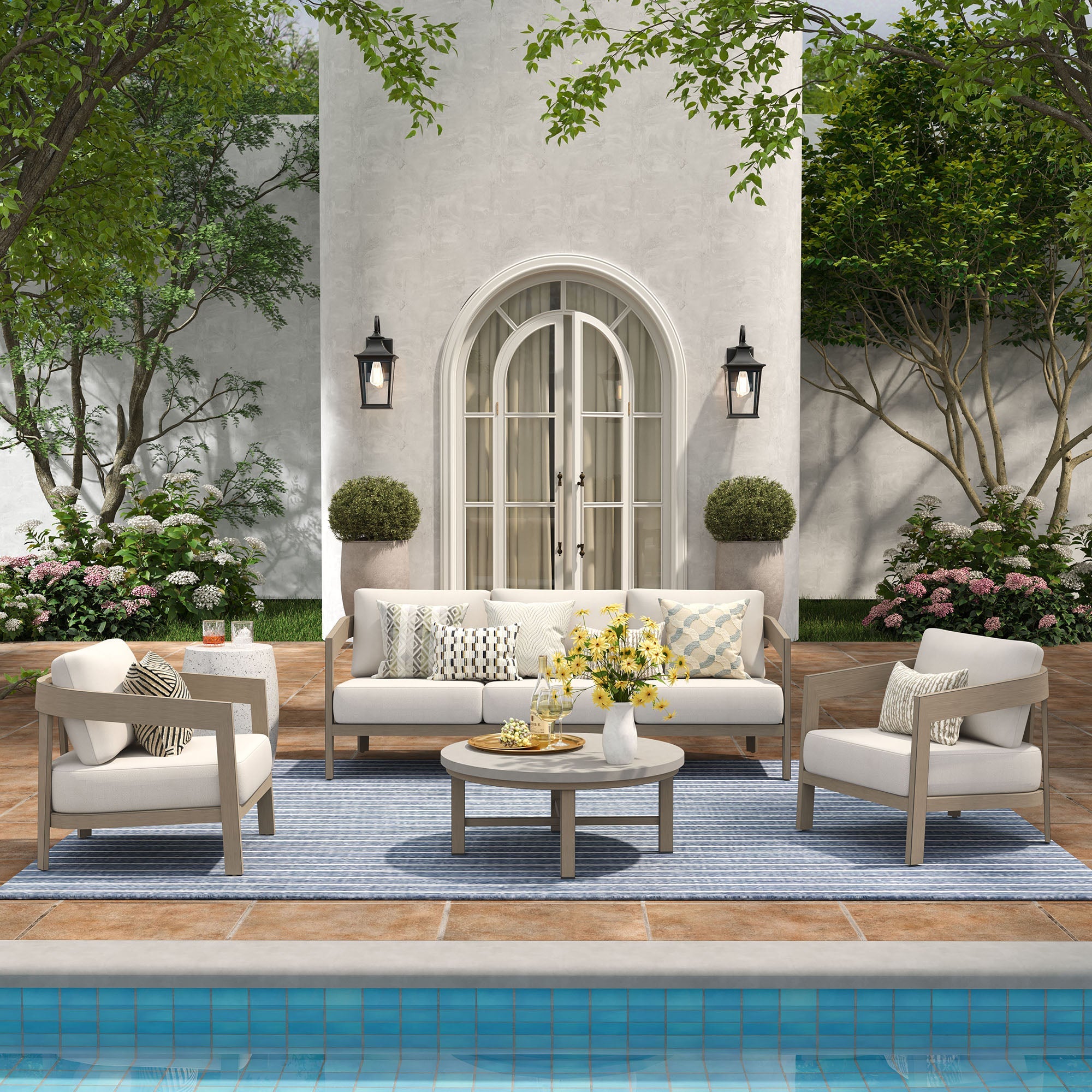 4-Piece Patio Conversation Set with Composite Concrete Round Coffee Tables