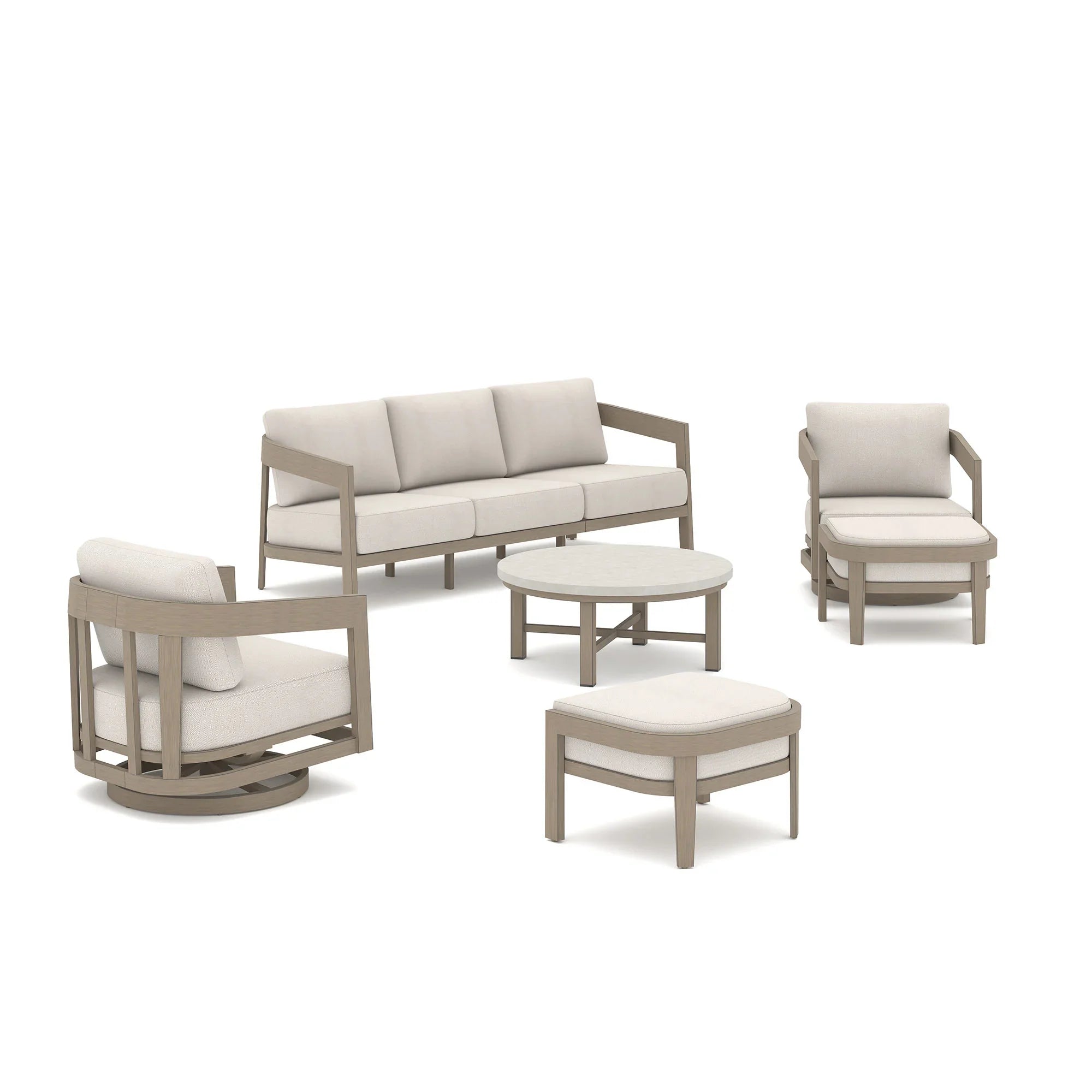 6 Pieces Teak Finish Aluminum Patio Swivel Furniture Set With Ottoman