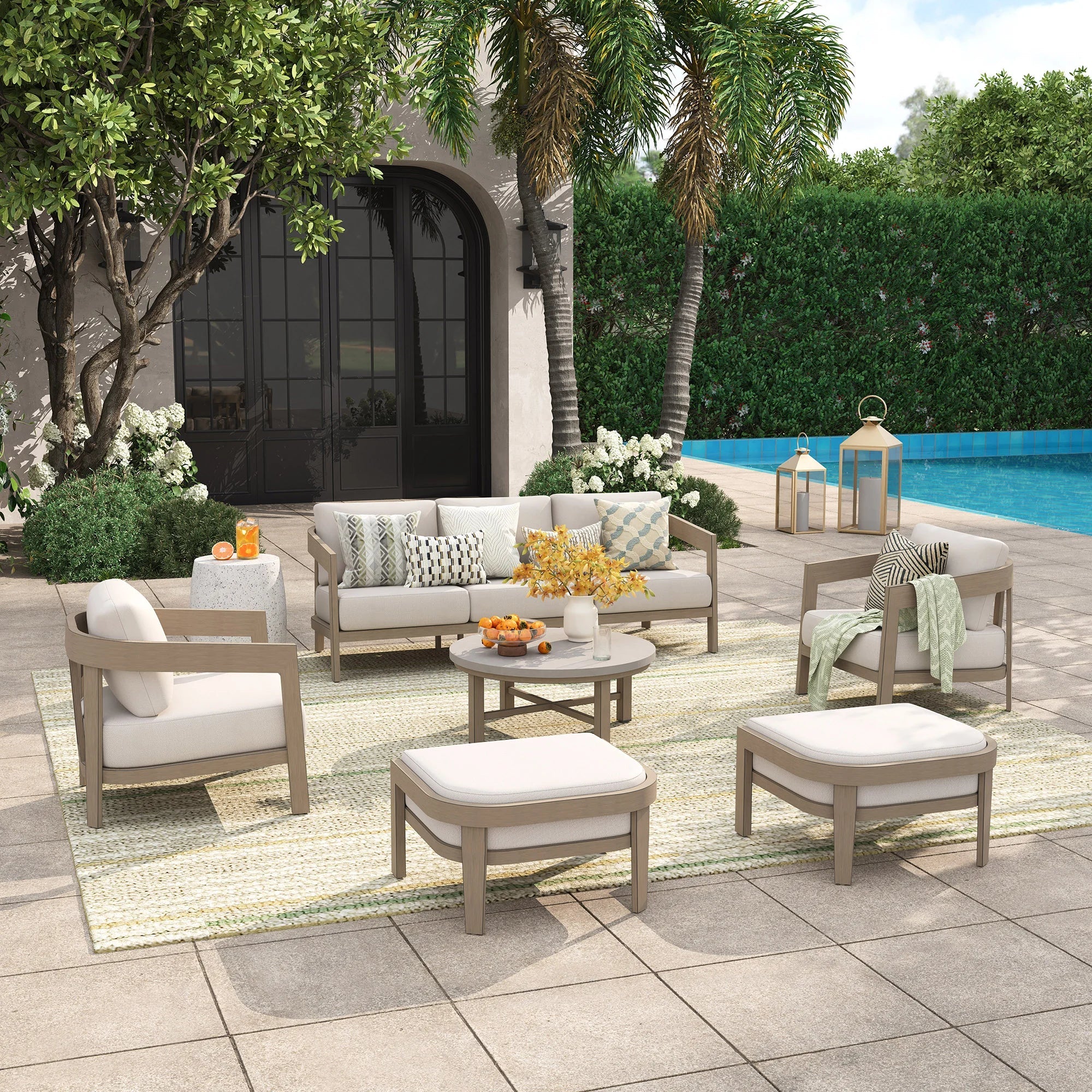 6-Piece Patio Conversation Set with Composite Concrete Round Coffee Tables