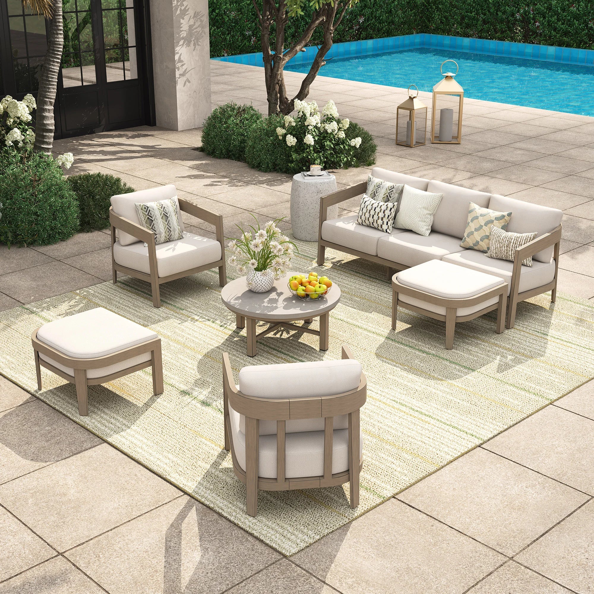 6-Piece Patio Conversation Set with Composite Concrete Round Coffee Tables