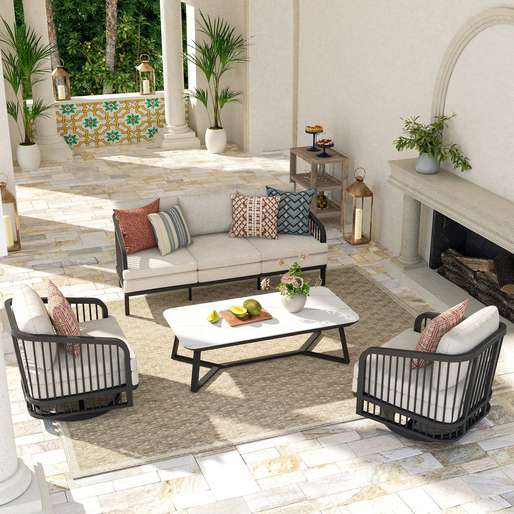 4-Piece Aluminum Patio Swivel Seating Set With Sintered Stone Tables
