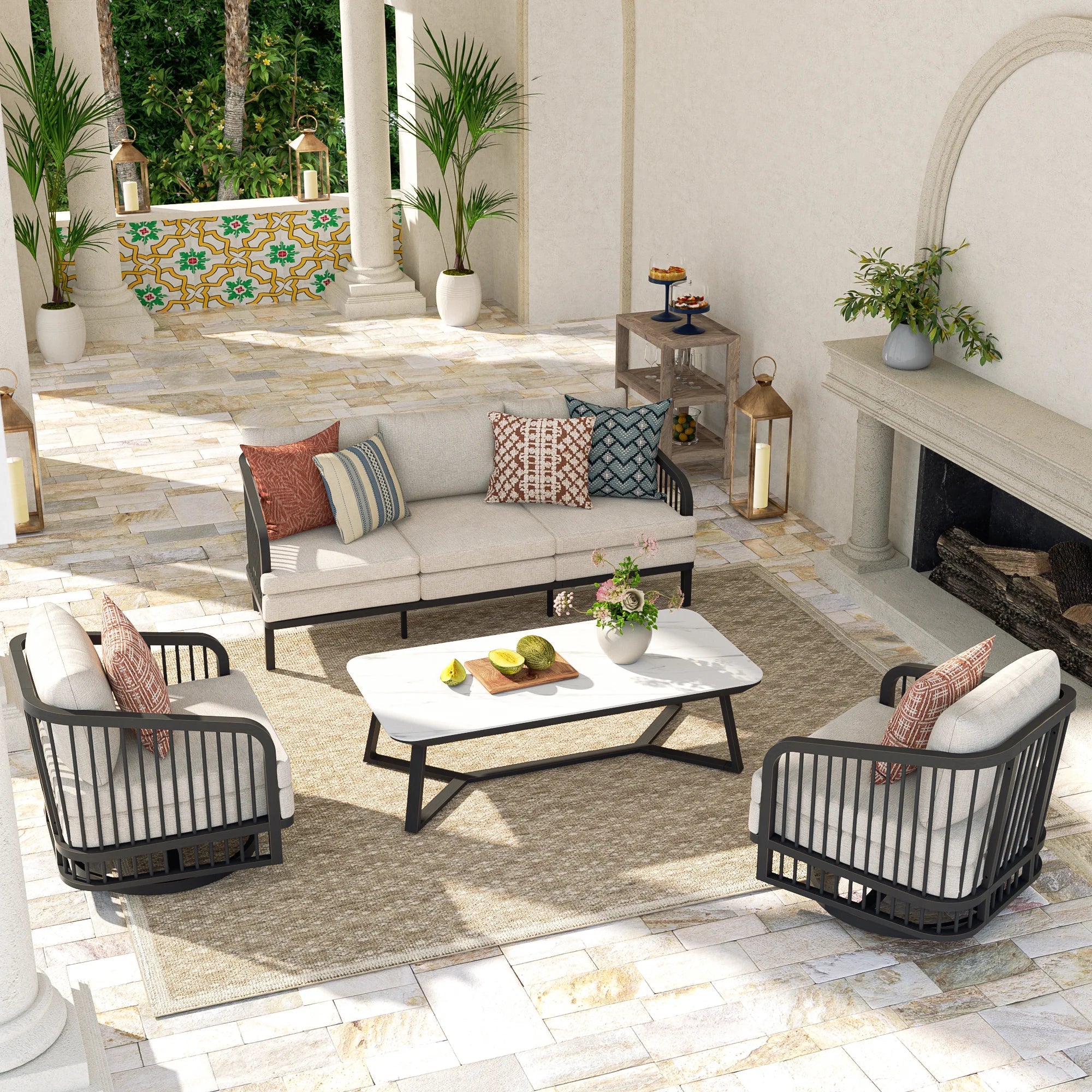 4-Piece Aluminum Patio Swivel Seating Set With Sintered Stone Tables