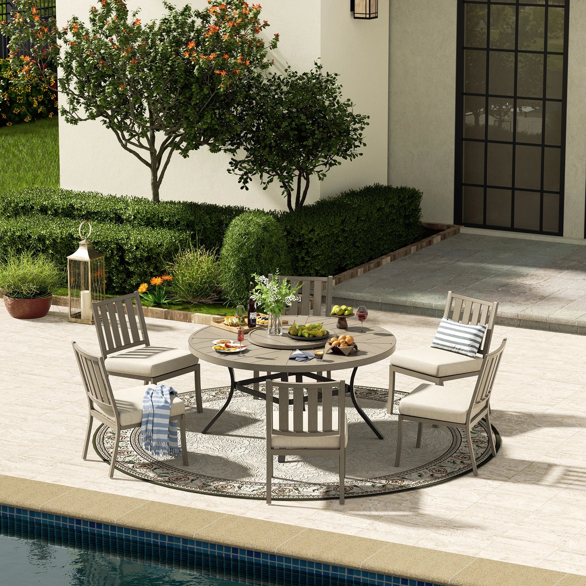 Round Dining Table Sets With Armless Chair And Sunbrella® Cushions