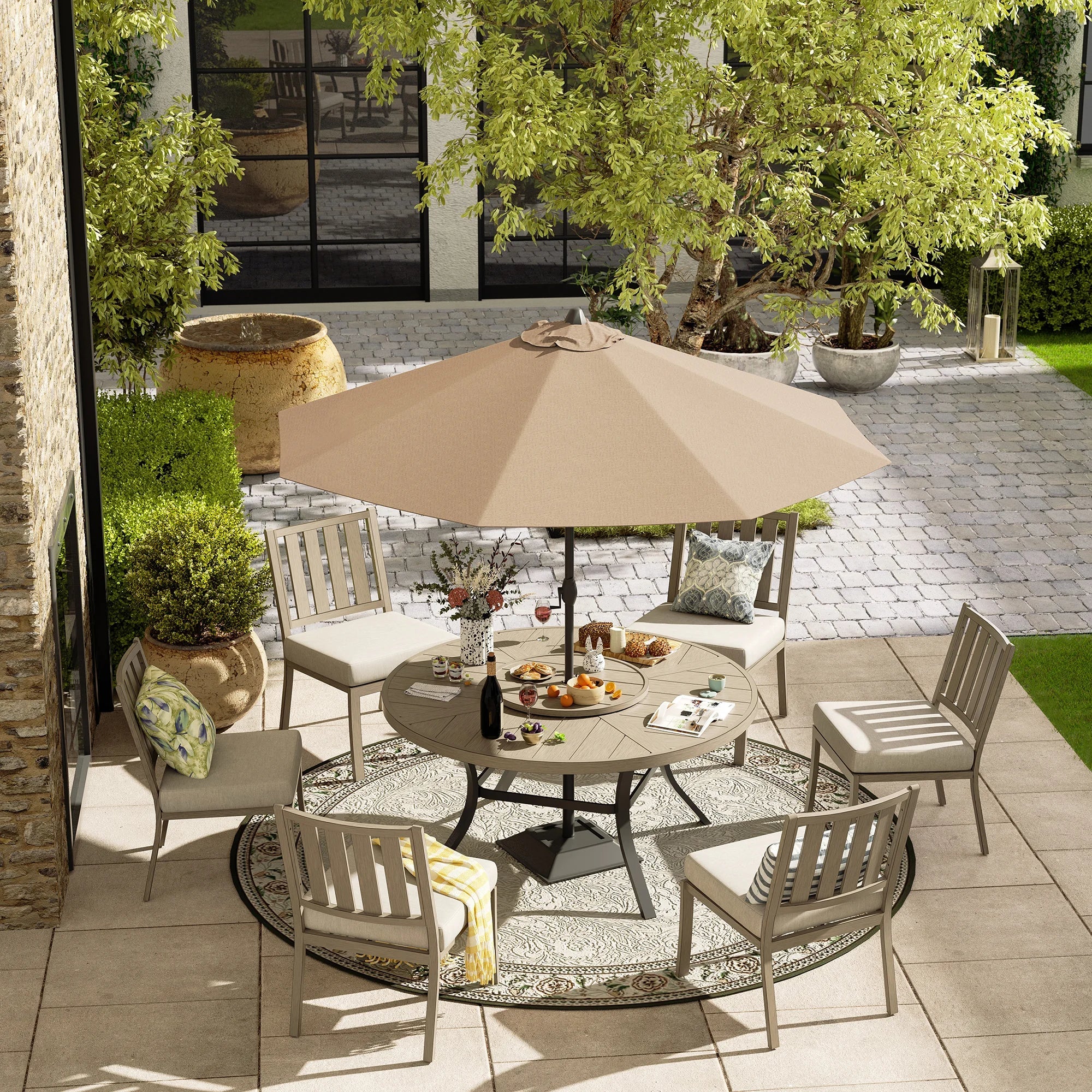 8PCS Round Dining Set With Lazy Susan and Sunbrella Umbrella And Cushion