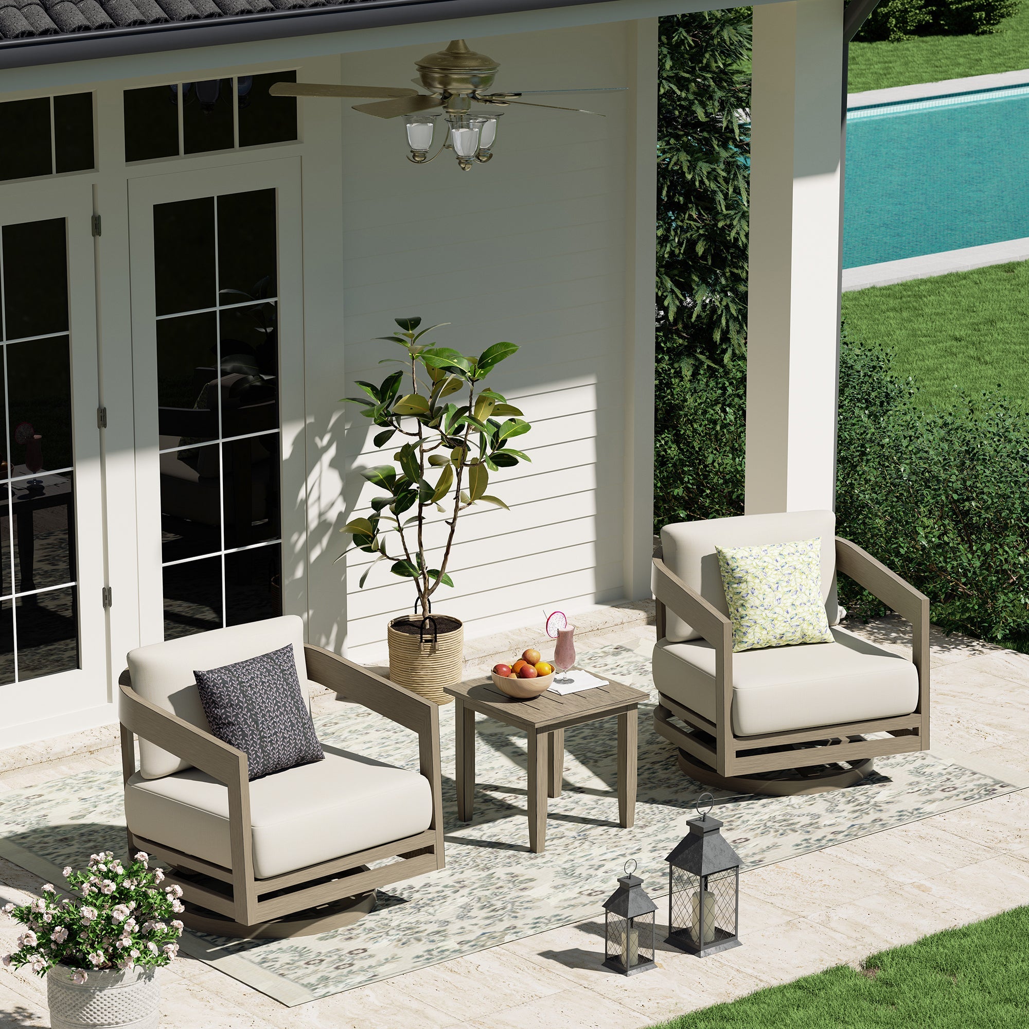 Patio 3-Piece Aluminum Swivel Conversation Set With Side Table