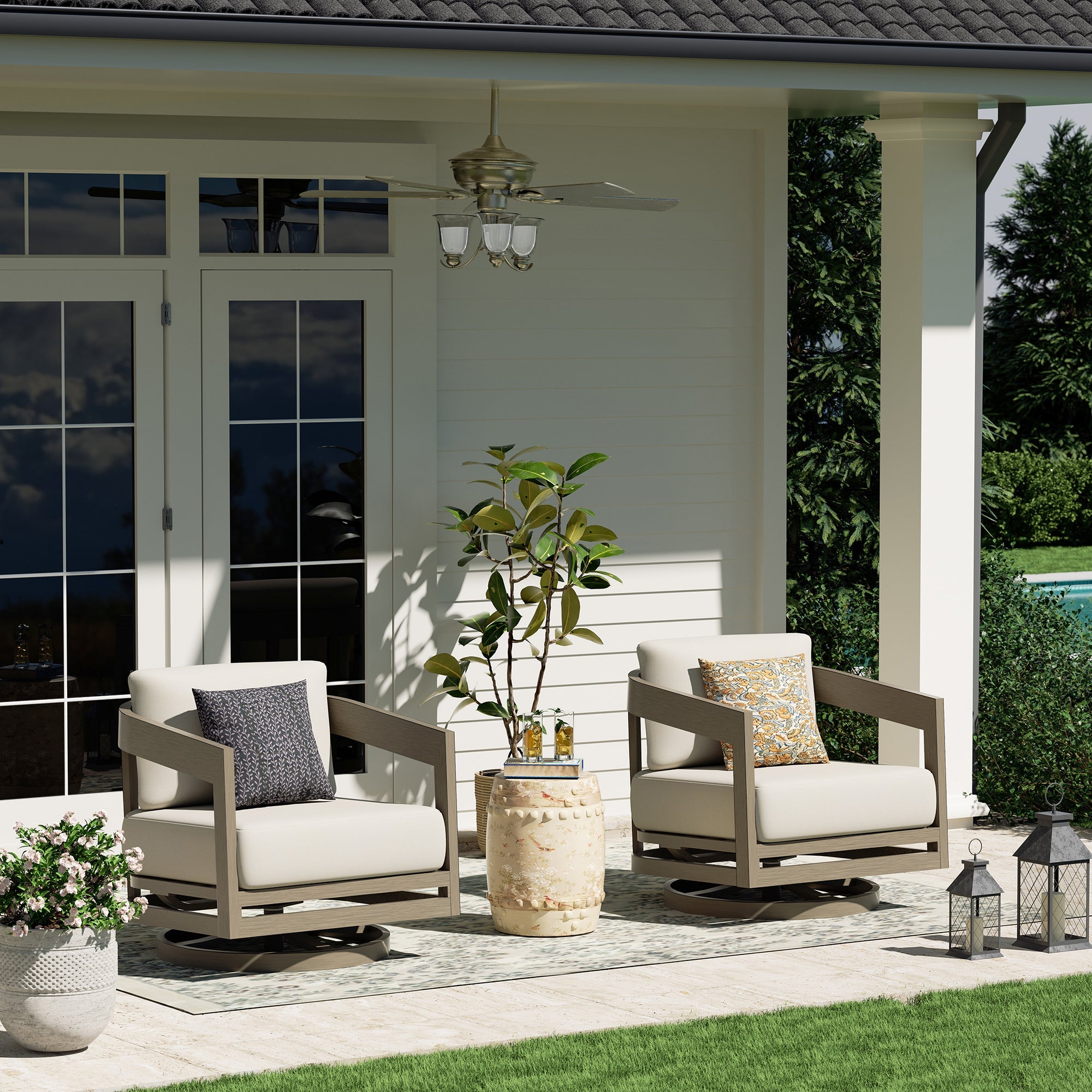 Outdoor Aluminum Swivel Club Chair With Cushions Set of 2