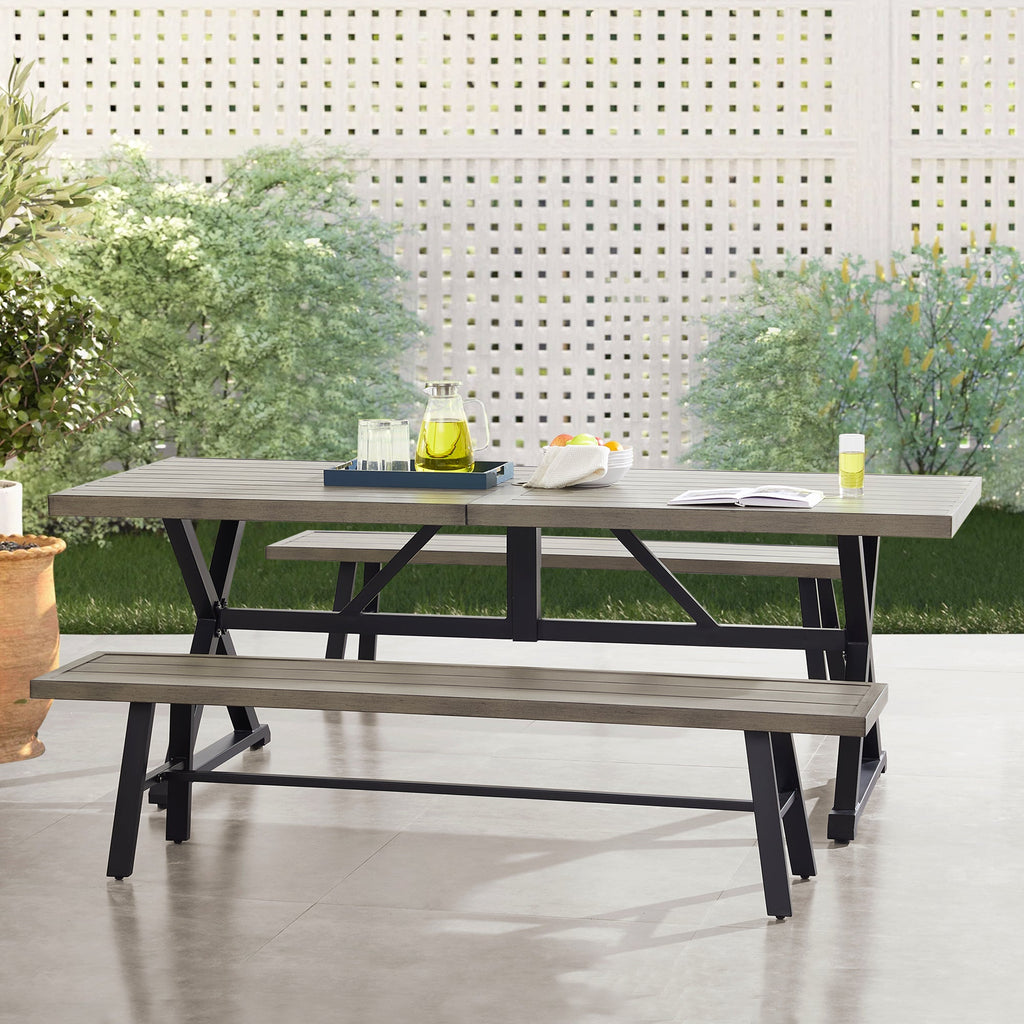 3- Piece Patio Dining Set Outdoor Aluminum Rectangular Dining Table and Steel Outdoor Bench
