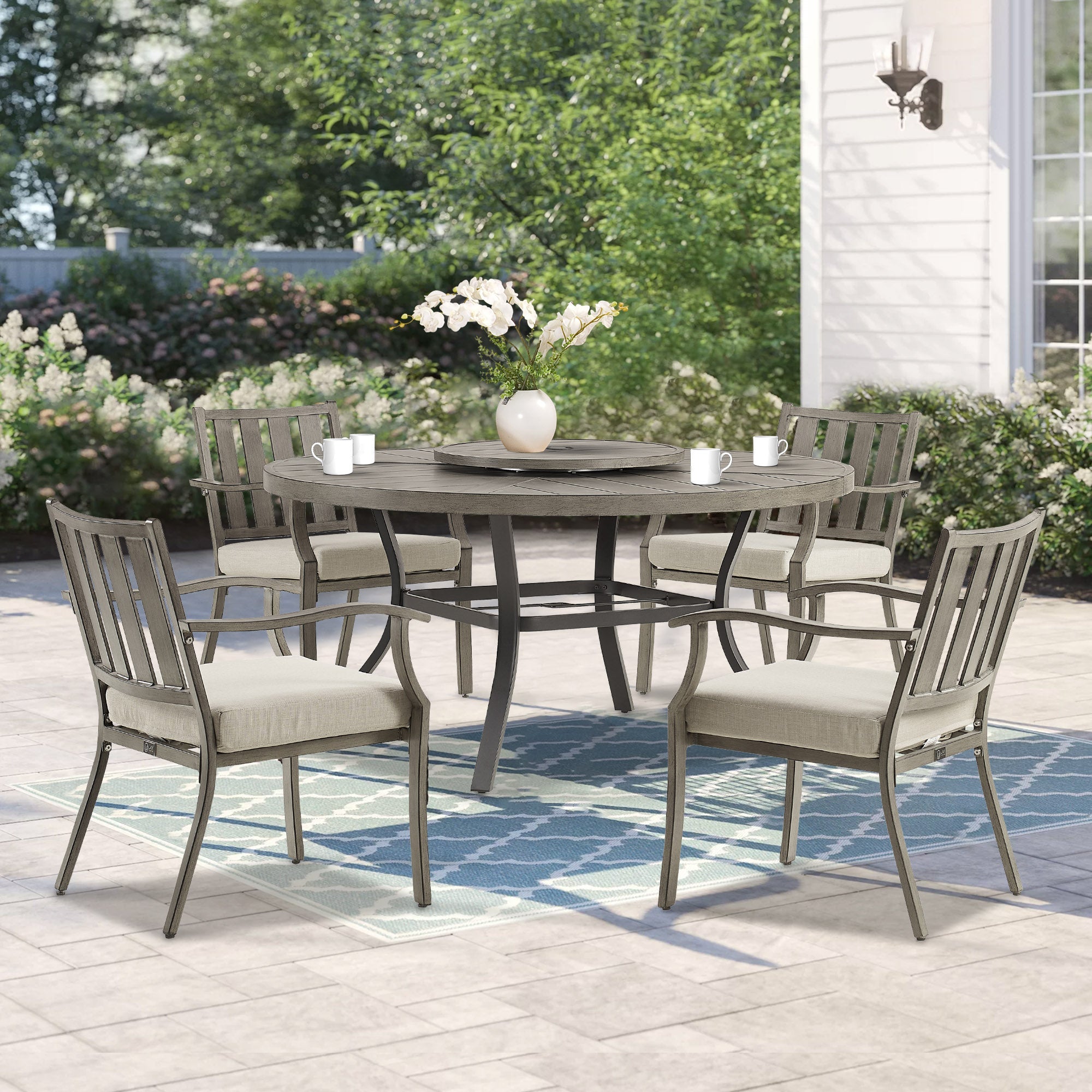 Round 60" Dining Set With Removable Lazy Susan And Sunbrella® Cushions