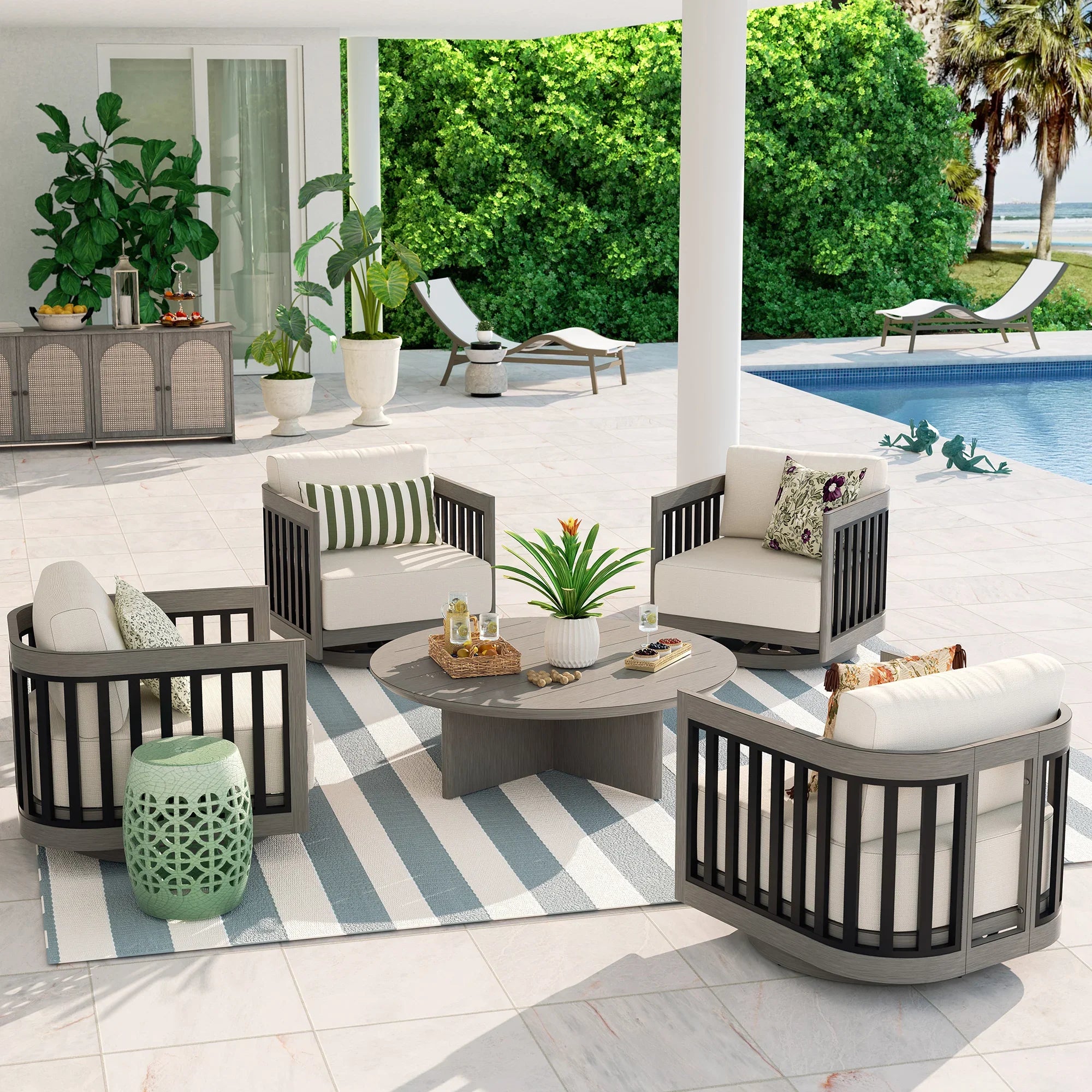4-Person Patio Swivel Chair Set With Round Coffee Table