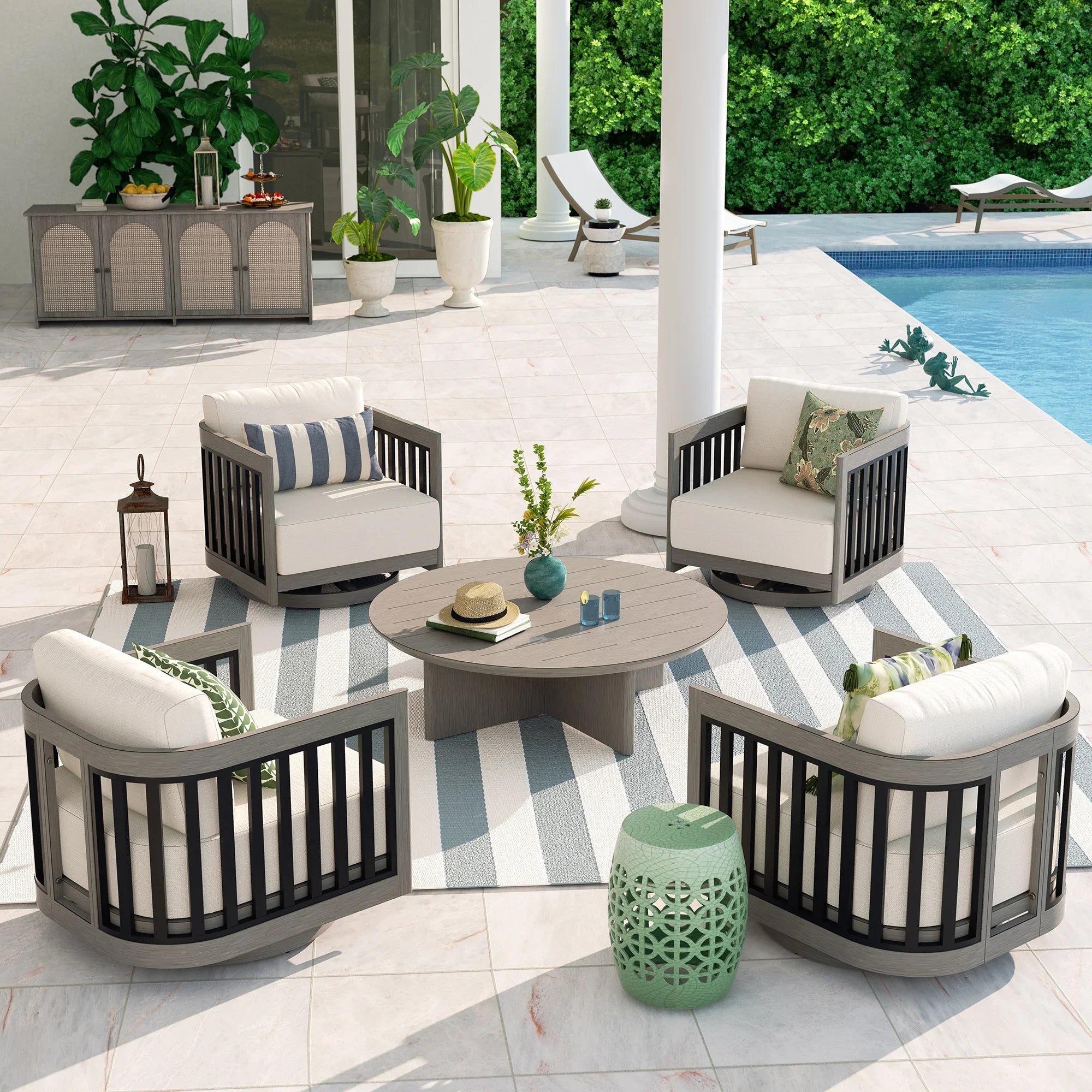 4-Person Patio Swivel Chair Set With Round Coffee Table