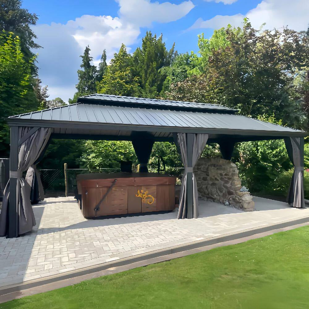 12 Ft. X 28 Ft. Gray Aluminum Power-Coated Frame Galvanized Steel Double Roof Hardtop Gazebo,Hooks, Netting,Gray Curtain