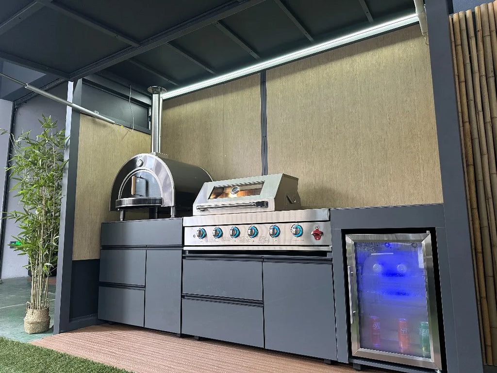 Customized Weatherproof Outdoor Kitchen Set BBQ Grills with Shed Stainless Steel Cabinets & Luxury Aluminum for Patio