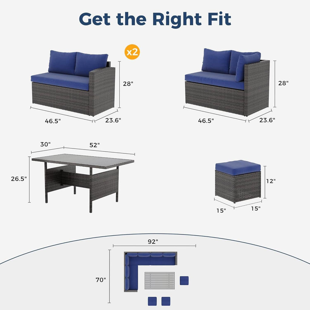 Blue 7-Piece Outdoor Patio Furniture Set With Table Chairs