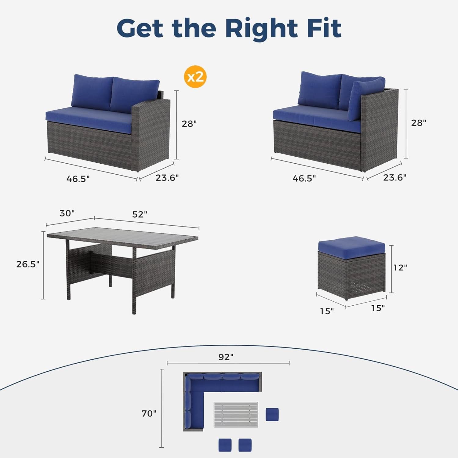 Blue 7-Piece Outdoor Patio Furniture Set With Table Chairs