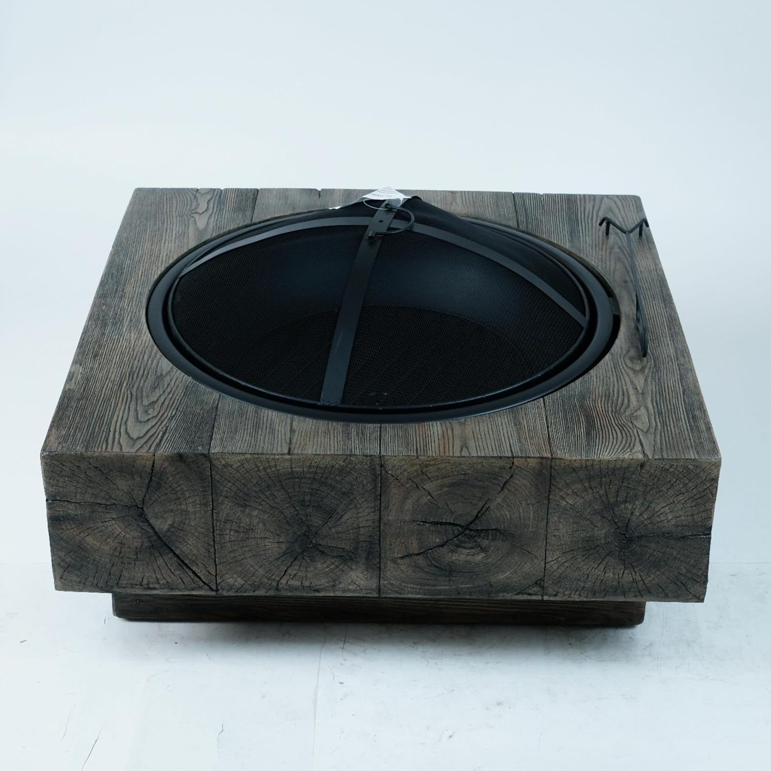 Outdoor Wood Burning Fire Pit with Wood Grain Design, Magnesium Oxide, Antique Dark Grey, 27.4” X 24.4” X 18” for Garden and Patio