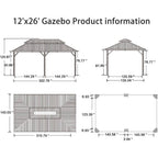12 Ft.X 26 Ft.Bronze Patio Outdoor Gazebo for Backyard Hardtop Aluminum Frame with Hooks,Netting,Khaki Curtain,48-Lights