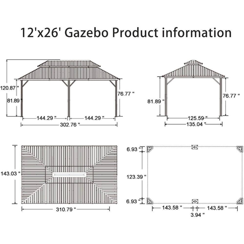 12 Ft.X 26 Ft.Bronze Patio Outdoor Gazebo for Backyard Hardtop Aluminum Frame with Hooks,Netting,Khaki Curtain,48-Lights