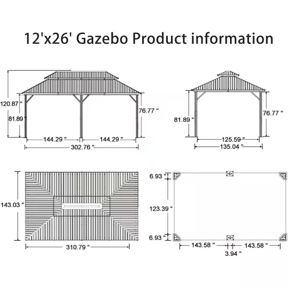 12 Ft.X 26 Ft.Bronze Aluminum Power-Coated Frame Galvanized Steel Double Roof Hardtop Gazebo,Hooks,Netting,Khaki Curtain
