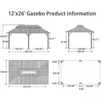12 Ft.X 26 Ft.Bronze Aluminum Power-Coated Frame Galvanized Steel Double Roof Hardtop Gazebo,Hooks,Netting,Khaki Curtain