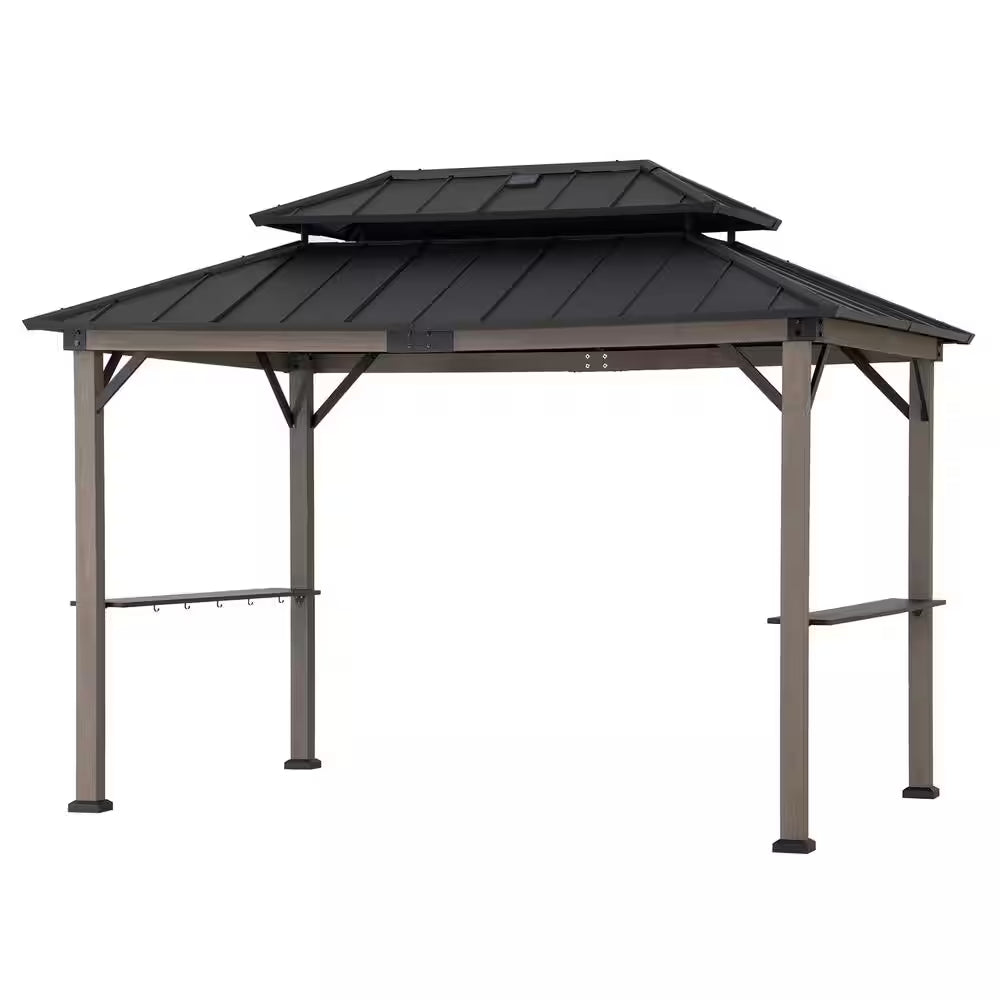 8 Ft. X 12 Ft. Matte Black Churchill Cedar Framed Grill Gazebo with DC Solar Power for Backyard