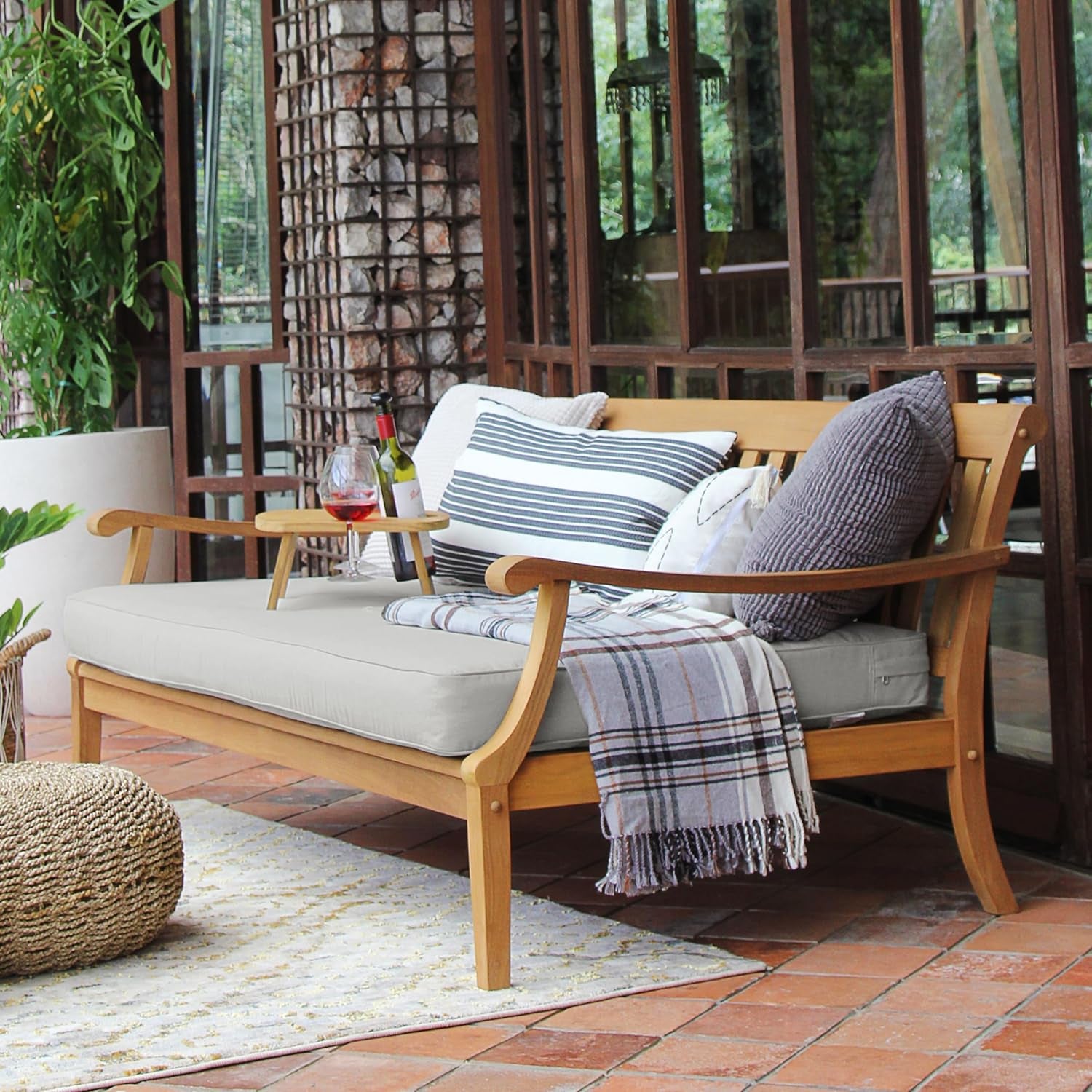 Robin Teak Wood Outdoor Sofa Bed with Oyster Thick Cushion, Weather-Resistant Patio Lounger, Seats up to 3 People, 750 Lb Weight Capacity, Removable Cushion