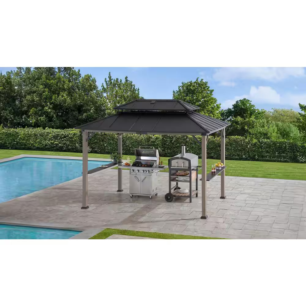 8 Ft. X 12 Ft. Matte Black Churchill Cedar Framed Grill Gazebo with DC Solar Power for Backyard