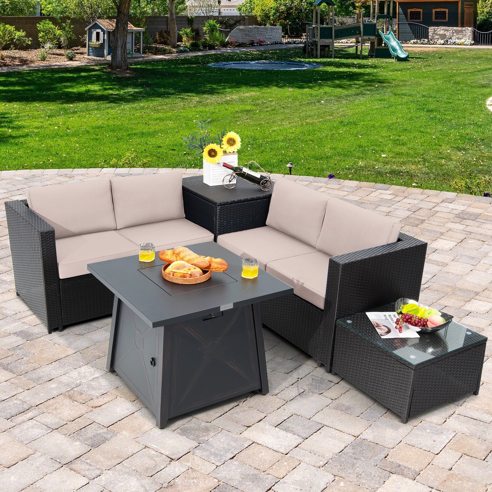 5-Piece Outdoor Patio Furniture Set with 50,000 BTU Propane Fire Pit Table Patio PE Wicker Conversation Set with Cushions Storage Box and Tempered Glass Coffee Table Beige