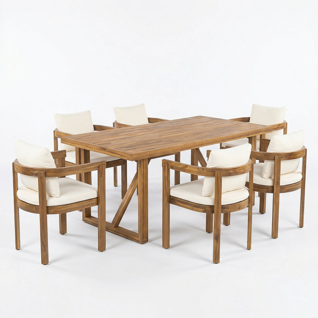 7- Piece Acacia Wood Outdoor Dining Set with Cream Cushions