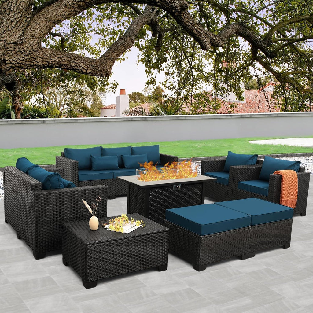 Patio Furniture Set 45-Inch Outdoor Fire Pits 8 PCS Outdoor Furniture Sets Patio Couch Outdoor Chairs 60000BTU Outdoor Propane Fire Pit Table No-Slip Cushions and Waterproof Covers, Peacock Blue