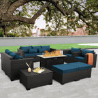 Patio Furniture Set 45-Inch Outdoor Fire Pits 8 PCS Outdoor Furniture Sets Patio Couch Outdoor Chairs 60000BTU Outdoor Propane Fire Pit Table No-Slip Cushions and Waterproof Covers, Peacock Blue