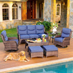 7-Piece Luxury Patio Furniture Set with 6" Thick Cushions, Weather-Resistant Wicker High Back Swivel Rocker Chairs, Senior-Friendly Outdoor Sofa Set for Large Deck, Yard and Poolside, Blue(V2)