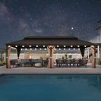 14 Ft. X 28 Ft. Bronze Patio Outdoor Gazebo for Backyard Hardtop Aluminum Frame, Hooks,Netting, Khaki Curtain, 48-Lights