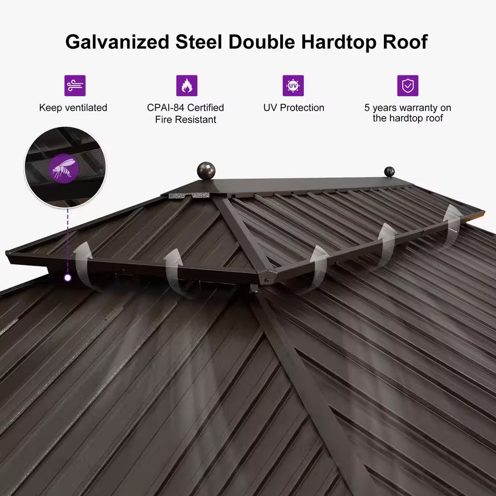 11 Ft. X 15 Ft. Bronze Patio Outdoor Gazebo for Backyard Hardtop Aluminum Frame, Hooks Netting Blue Curtain 24-Lights