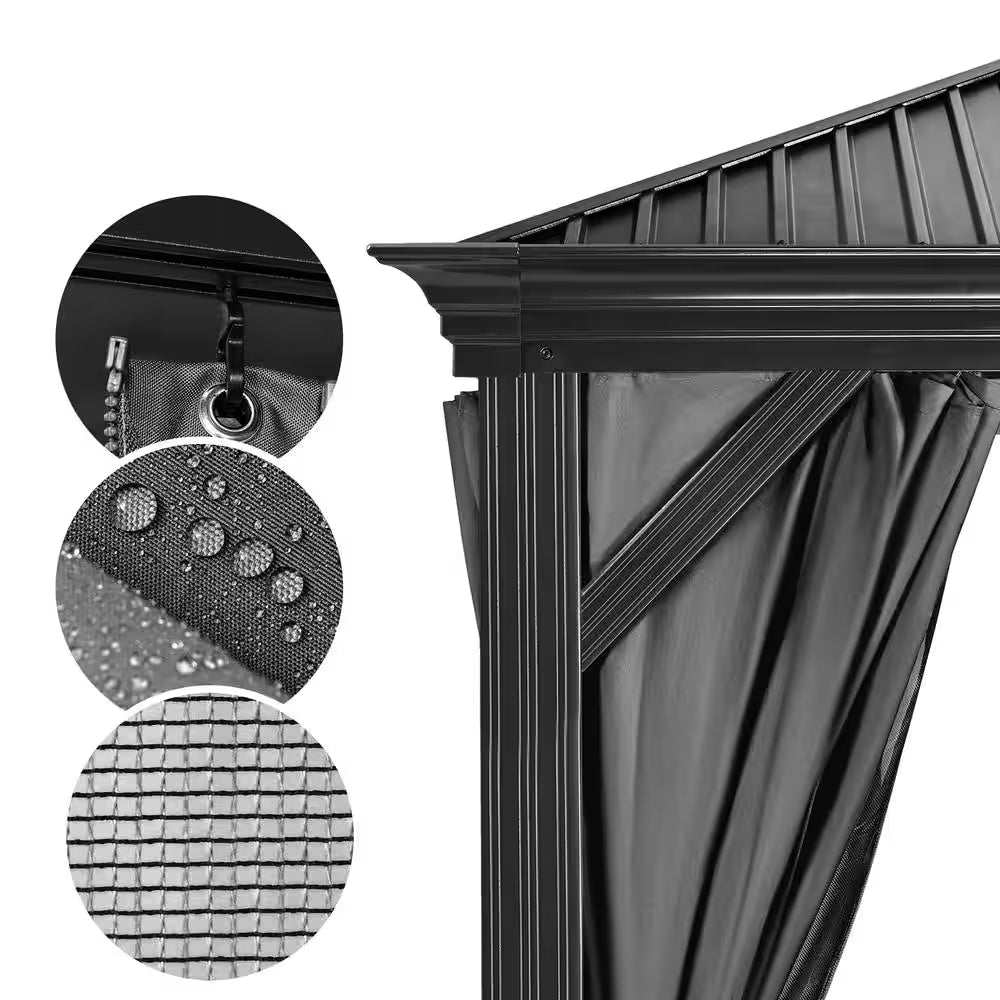 12 Ft. X 20 Ft. Double Roof Hardtop Aluminum Patio Gazebo with Netting and Gray Curtains