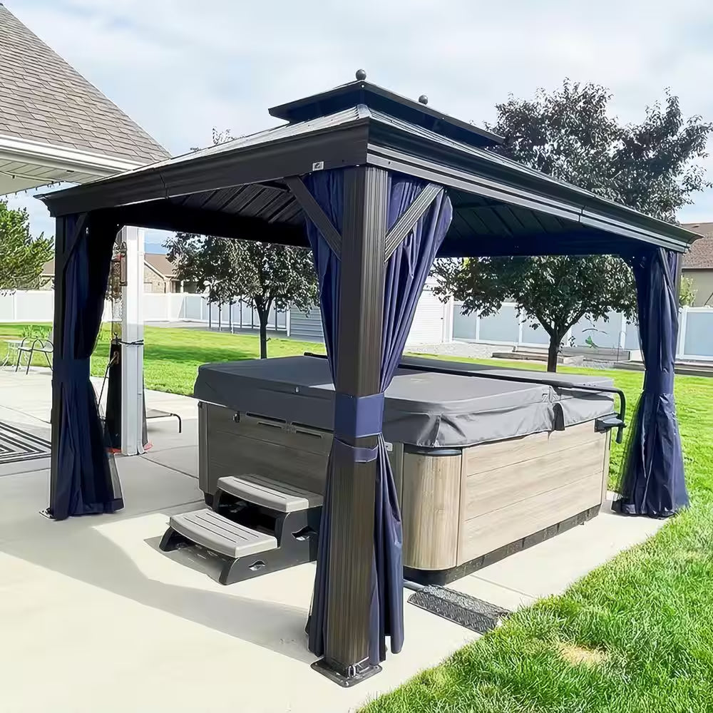12 Ft. X 12 Ft. Bronze Aluminum Power-Coated Frame Galvanized Steel Double Roof Hardtop Gazebo Hook Netting Blue Curtain